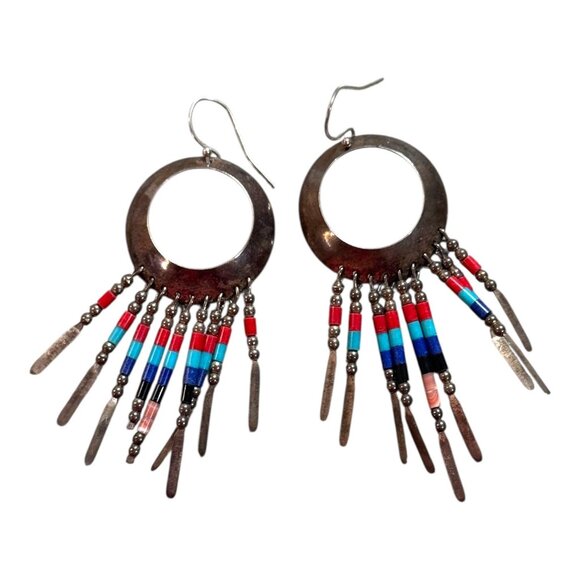 Vtg Sterling Multi Gemstone Southwestern Drop Dangle Earrings Turquoise Coral - Picture 3 of 7